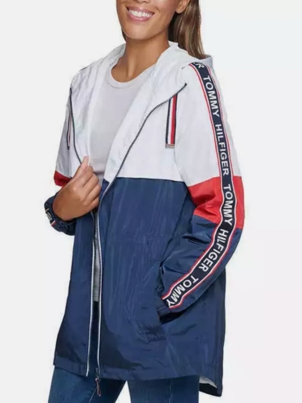 Tommy Hilfiger Women's Colorblock Hooded Windbreaker Jacket - Navy/White/Red